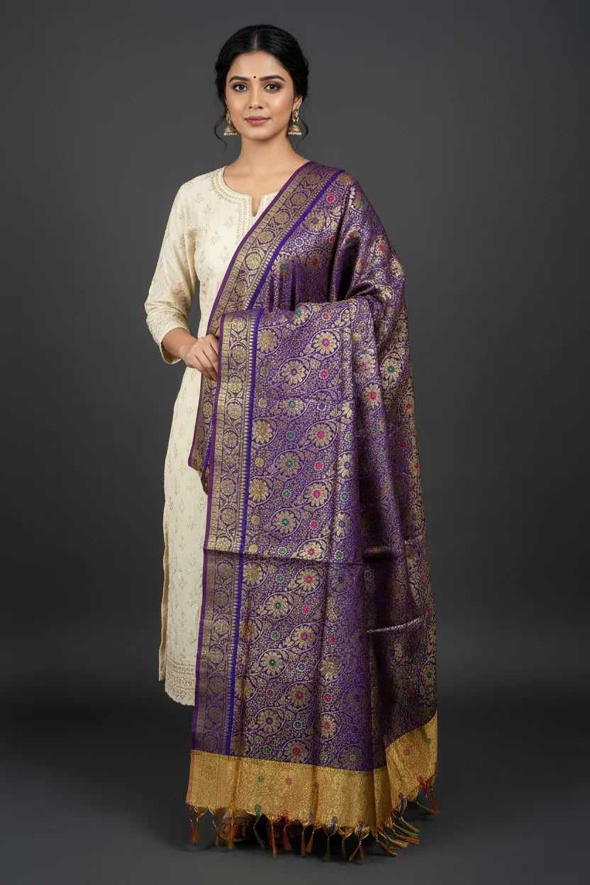 Woman wearing elegant cream kurta and purple Banarasi silk dupatta with gold floral motifs at Anandi Fashions