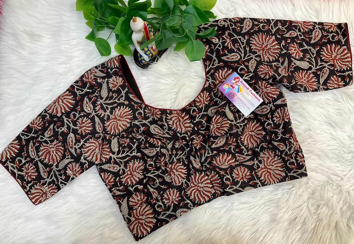 Black Cotton Kalamkari Blouse - Size 40
