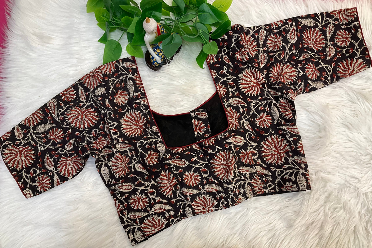 Black Cotton Kalamkari Blouse - Size 40
