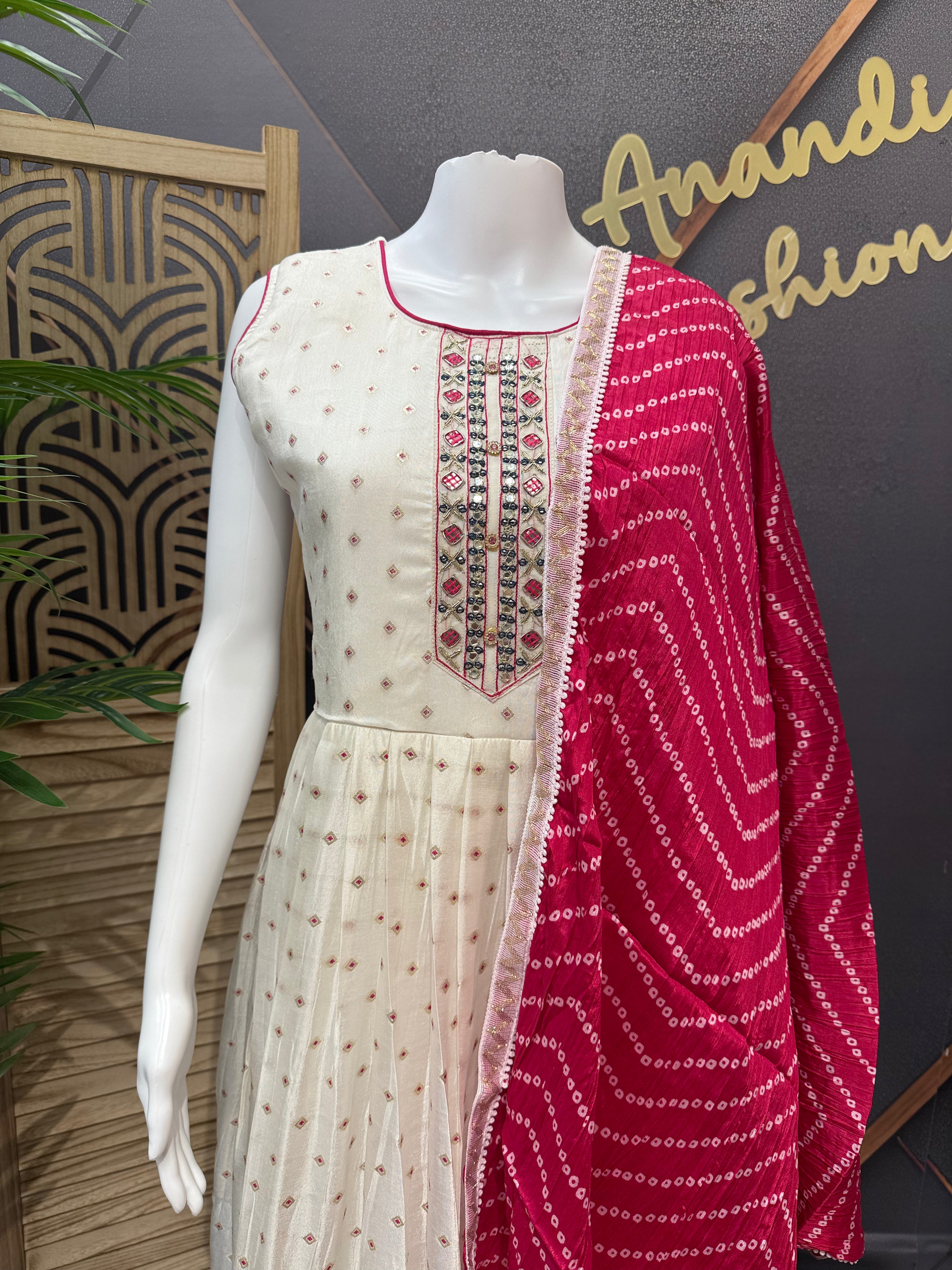 Teenage Girls- Party Wear White Long Dress with Bandhani Dupatta