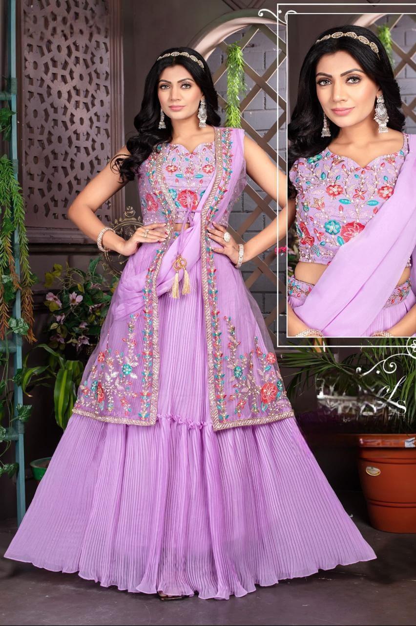 Lavender Georgette Ready to Wear Saree with Coat - Party Wear