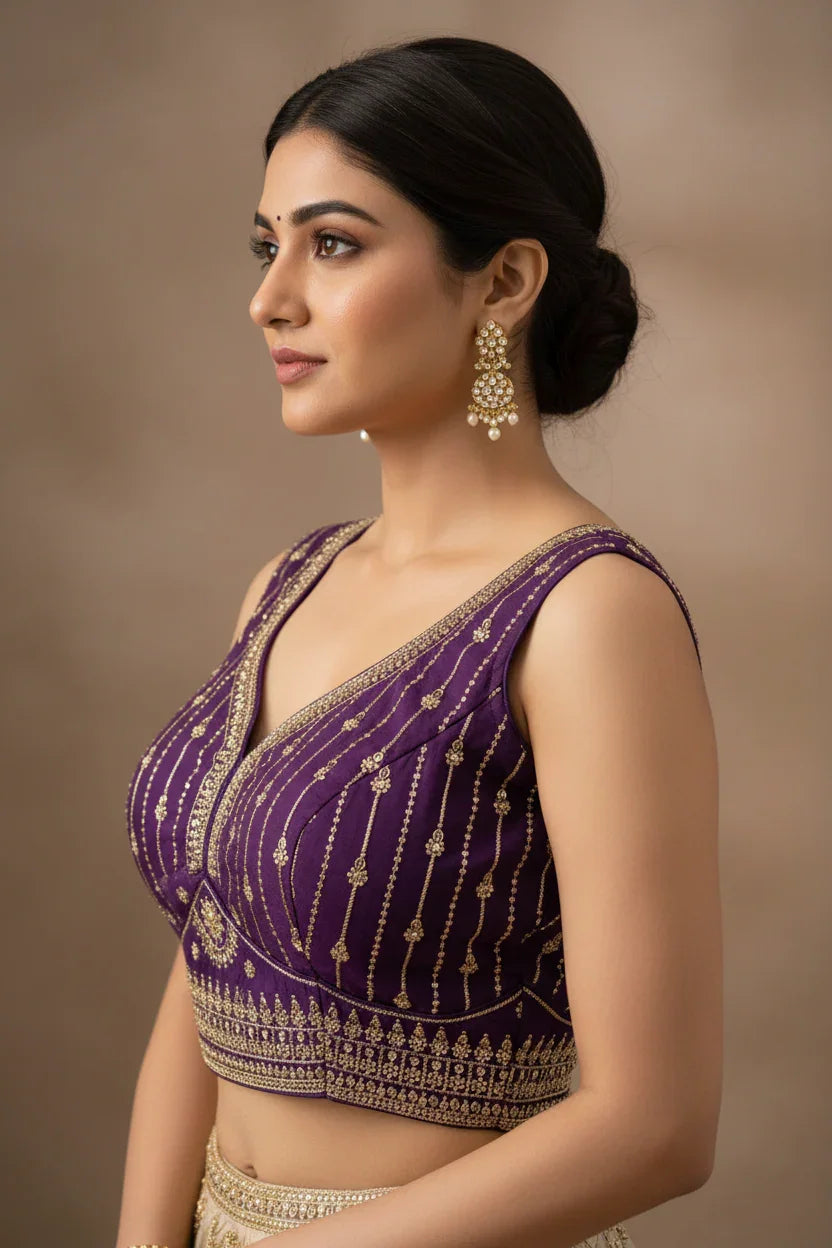 Woman wearing a purple embroidered ethnic blouse and gold chandelier earrings, showcasing Indian ethnic wear