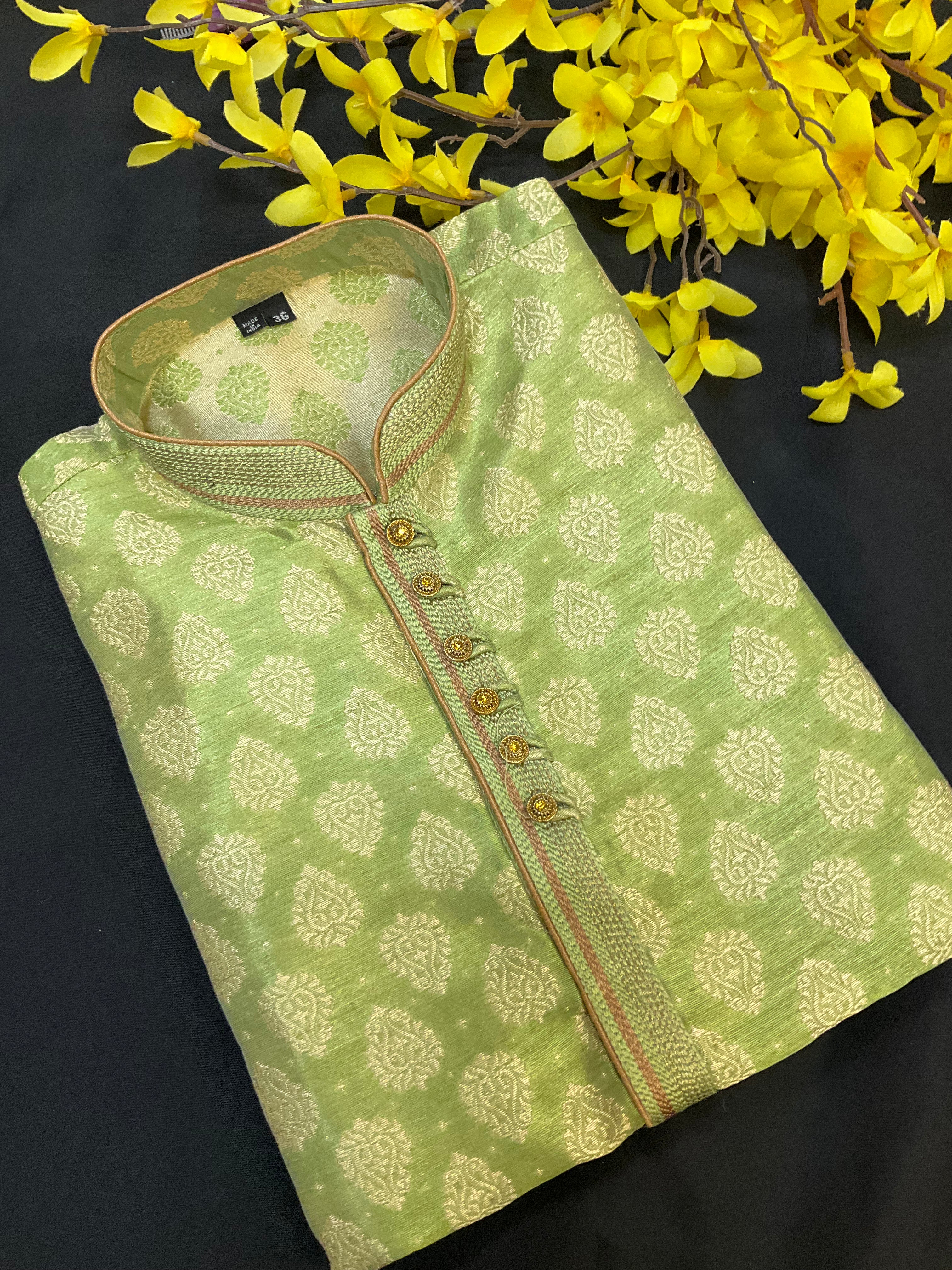 Light Green Color Benaras Style Kurta Pajama Set