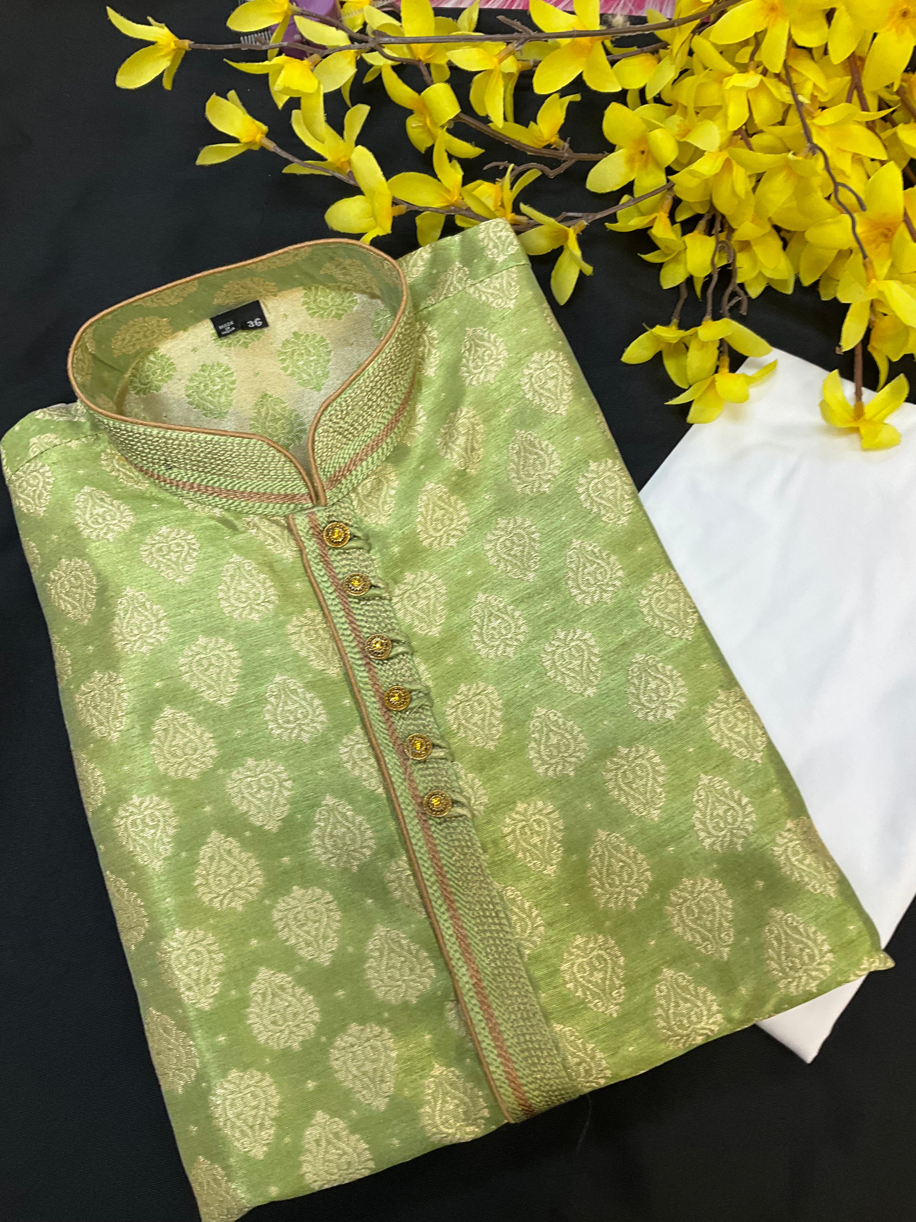 Light Green Color Benaras Style Kurta Pajama Set