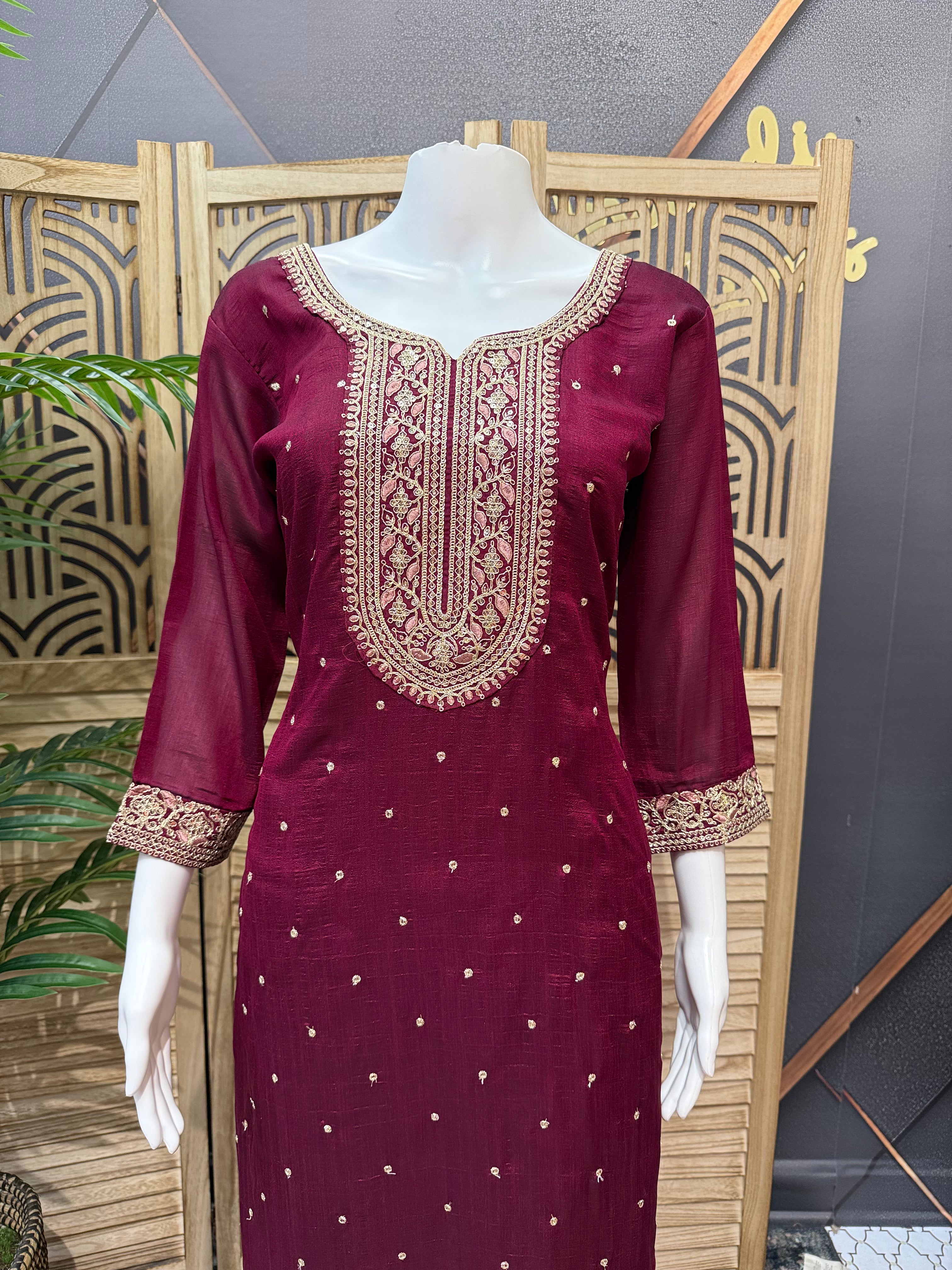 Wine Color - Party Wear Kurti set- Size 40