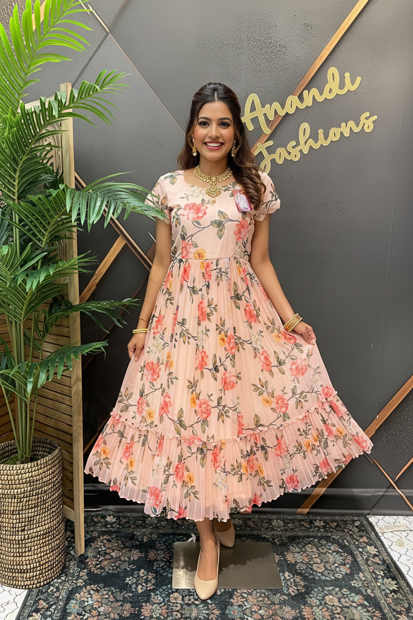 Peach Designer Gown - Elegant Indian Anarkali Ethnic Frock