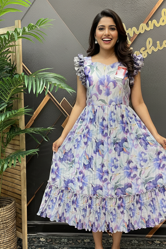 Purple White Floral Embellished Gown - Designer Indian Anarkali Frock