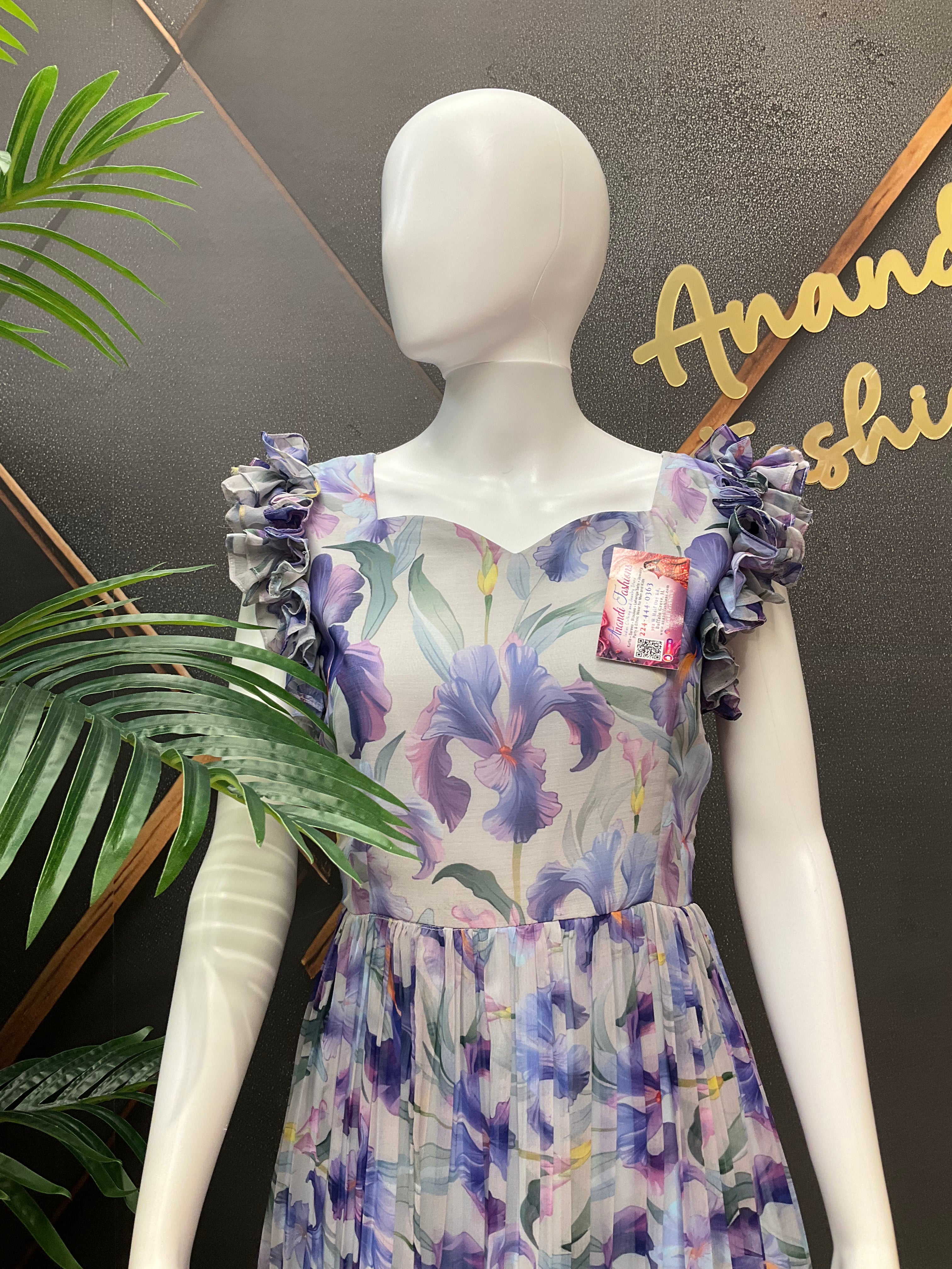 Purple White Floral Embellished Gown - Designer Indian Anarkali Frock