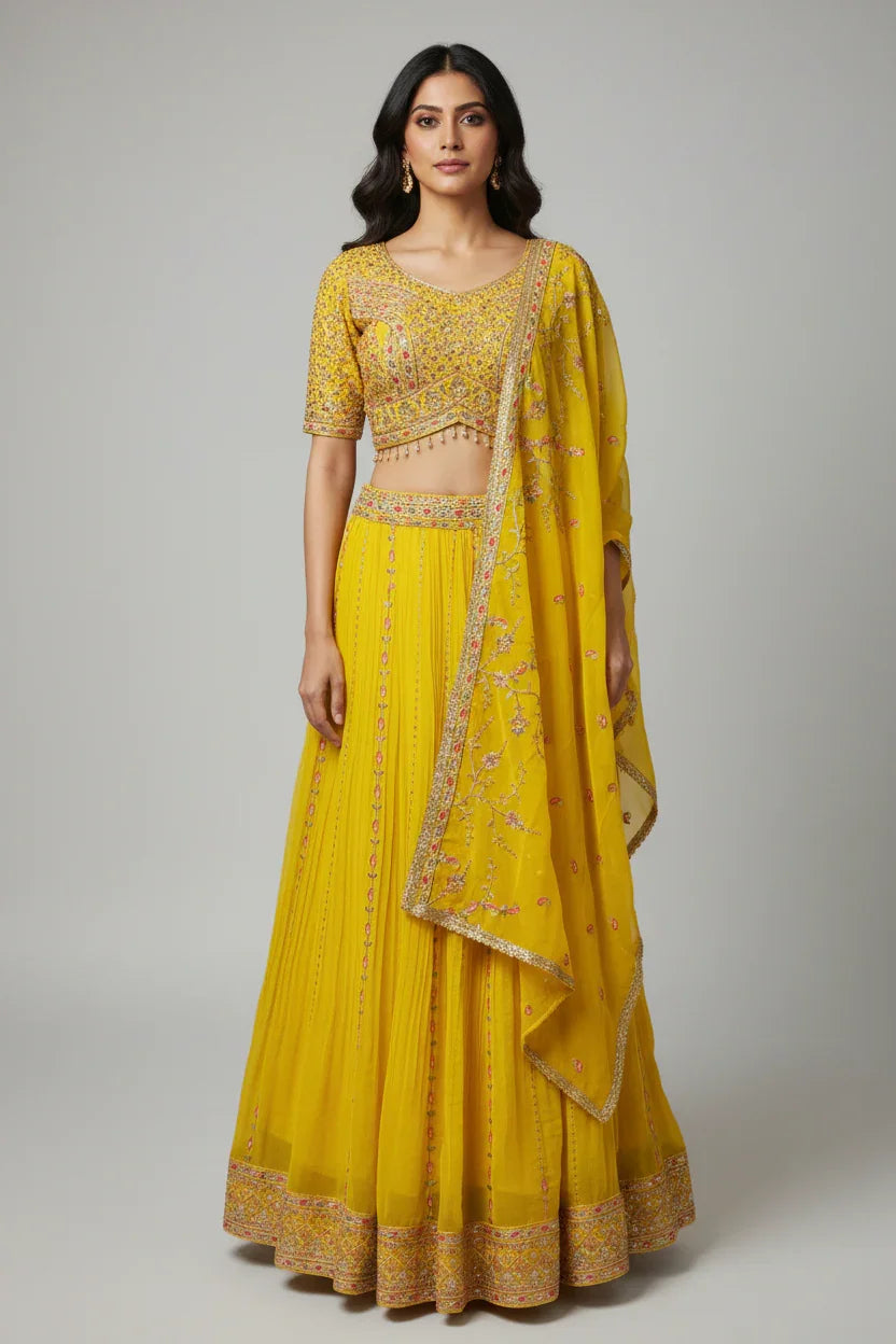 Woman wearing yellow embroidered Indian ethnic lehenga with matching dupatta and blouse