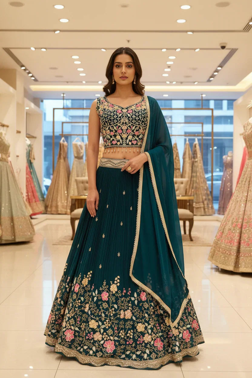 Model in a teal floral embroidered Indian lehenga with matching dupatta in upscale boutique setting