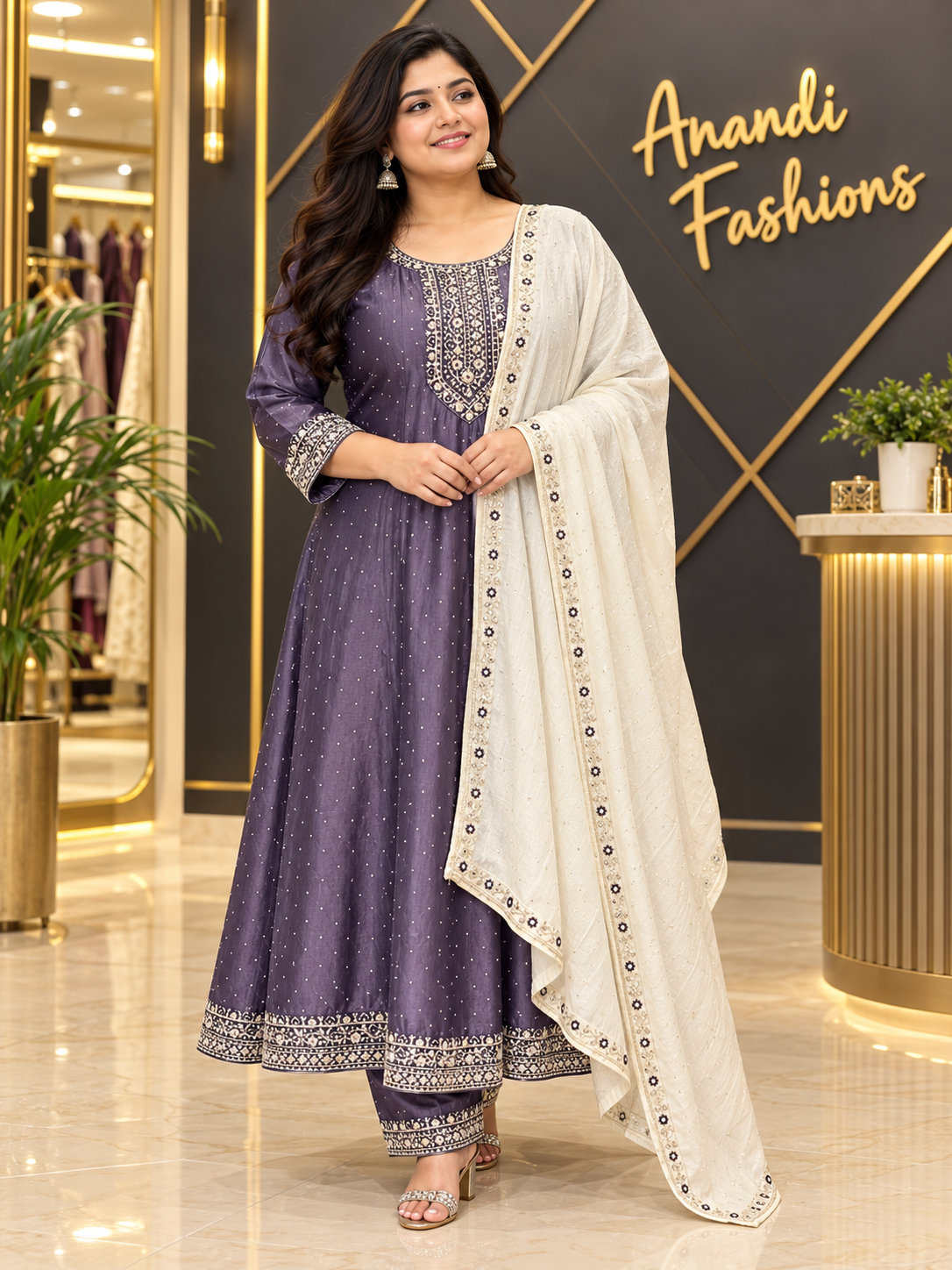 Women’s Purple Party Wear Anarkali Kurti Set – Plus Size