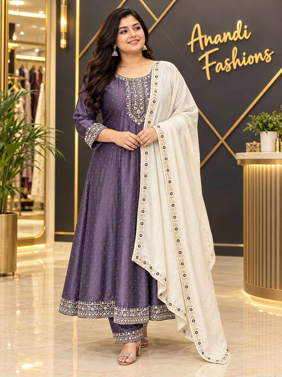 Women’s Purple Party Wear Anarkali Kurti Set – Plus Size