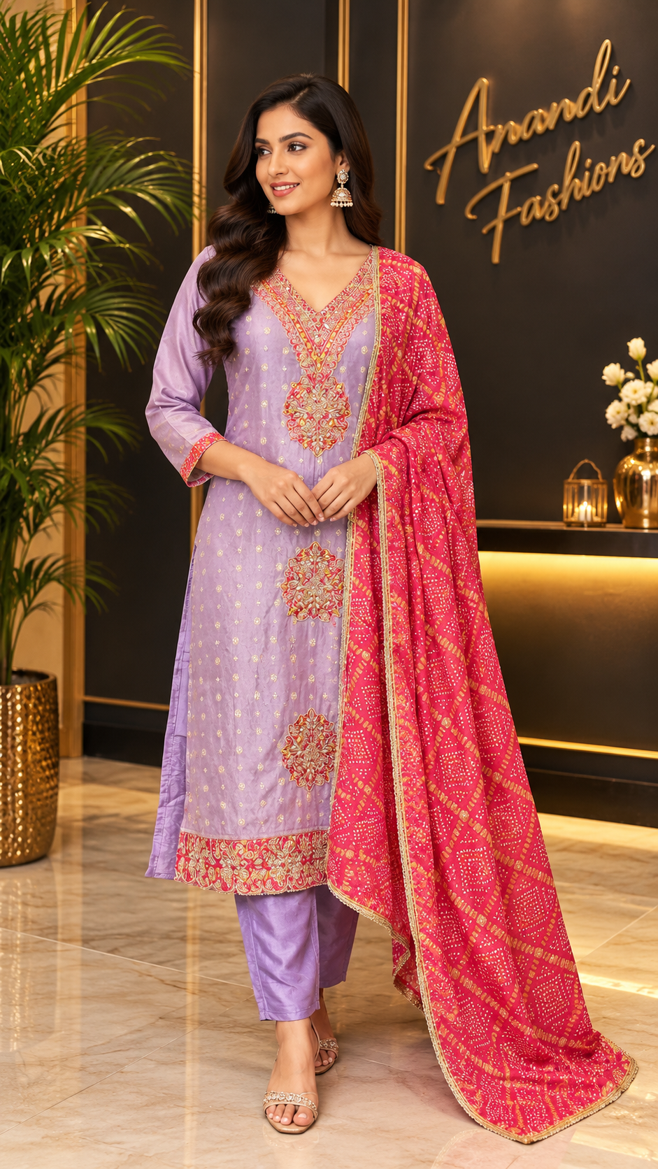 Lavender Kurti set with Bandhani Dupatta