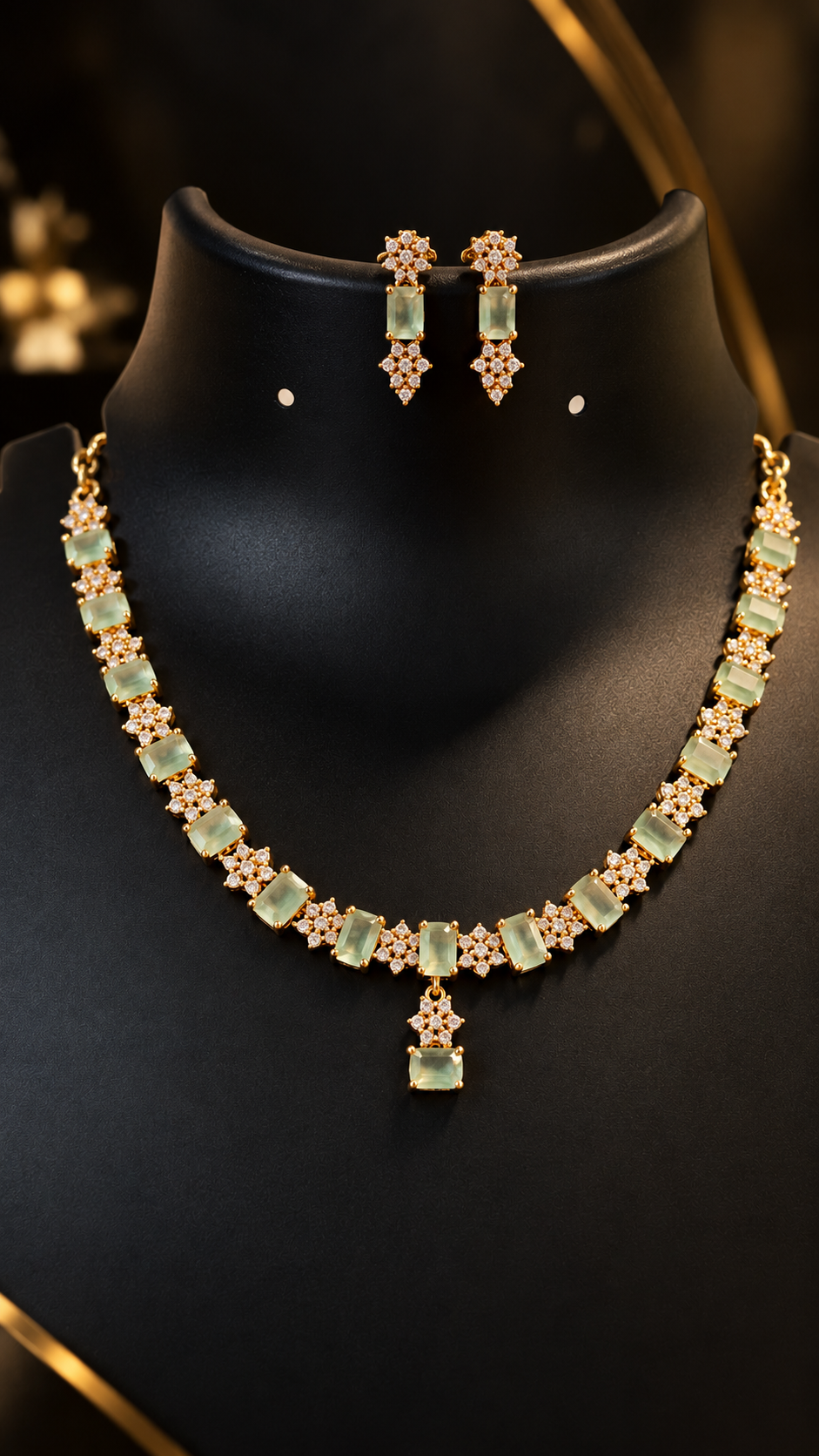 Rose Gold CZ  Necklace set with Mint Green Stones - Jewelry - Necklace Set - Anandi Fashions