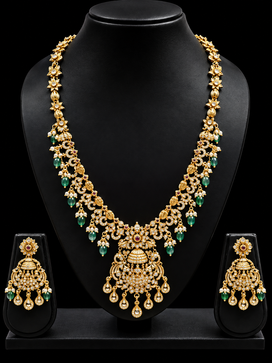 Antique Finish Lakshmi Design Long Haram Necklace Set