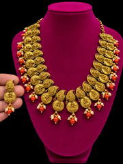 Temple Goddess Lakshmi Necklace Set with Coral Beads