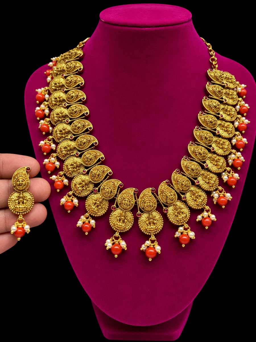 Temple Goddess Lakshmi Necklace Set with Coral Beads