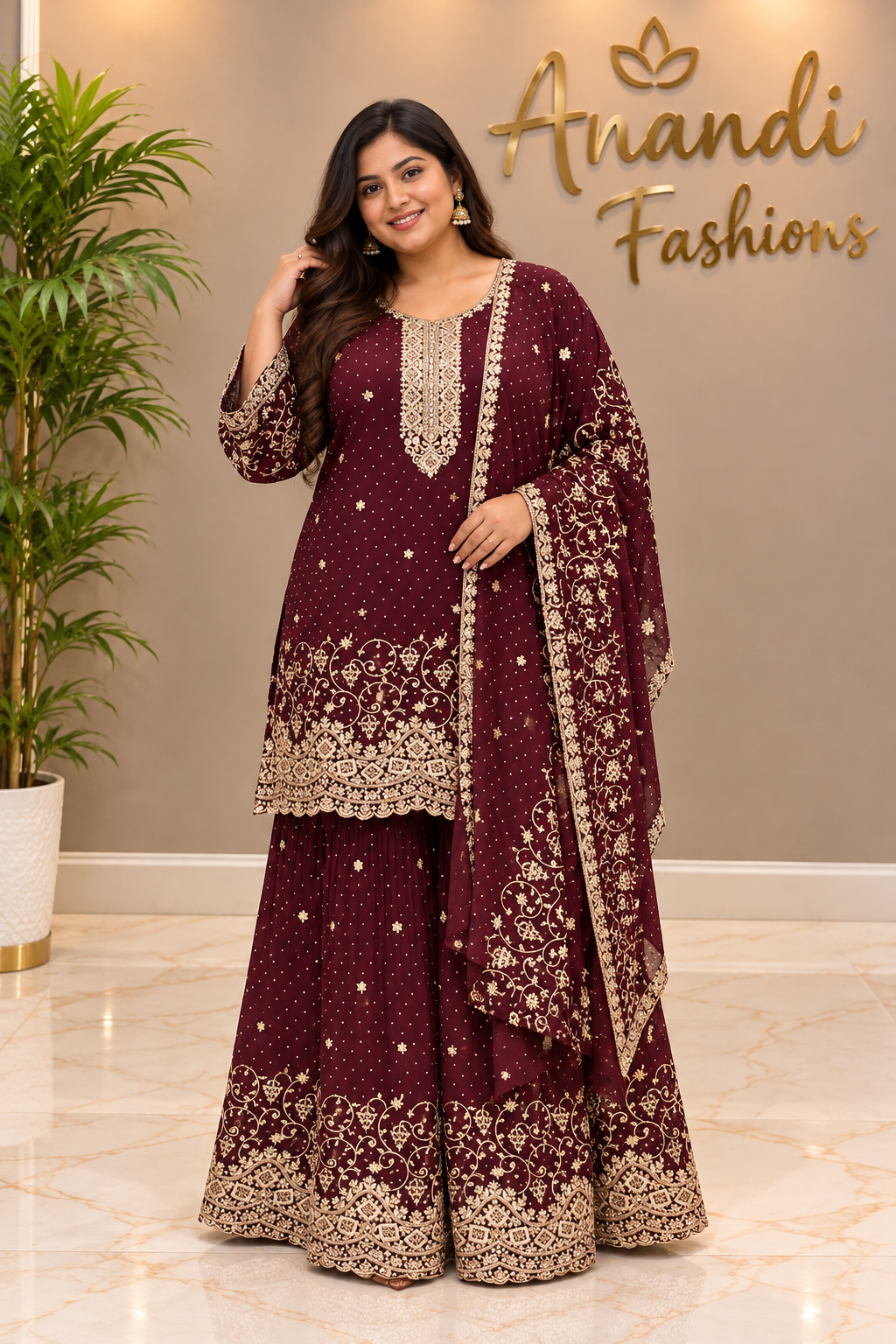 Women’s Party Wear Wine Sharara Set – Plus Size