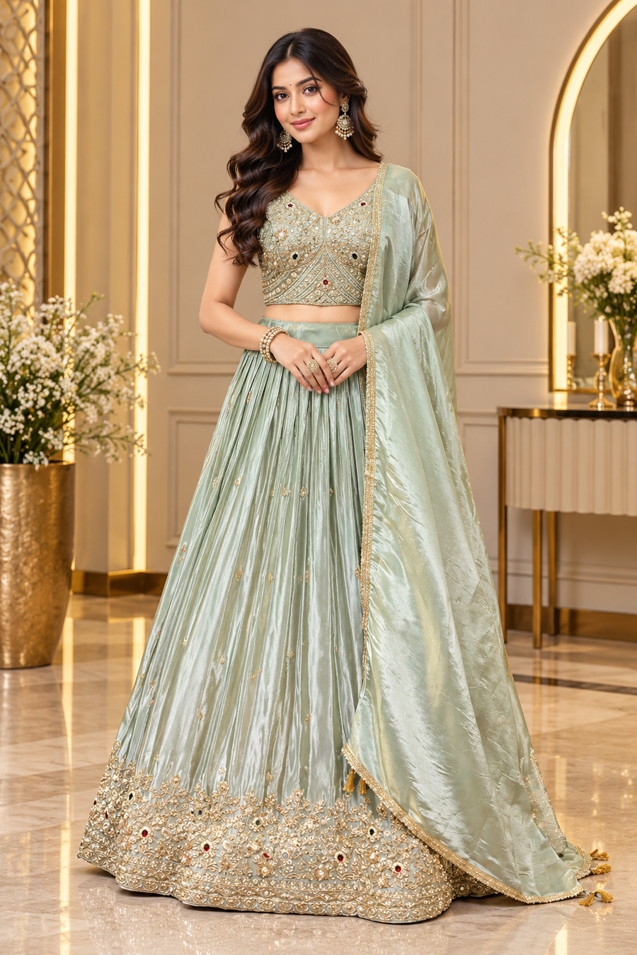 Pastel shade Tissue Designer Lehenga set with Heavy Work