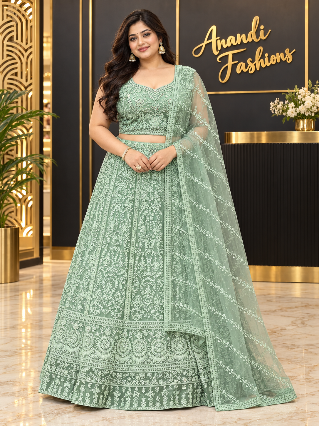 Women’s Mint Green Party Wear Lehenga Set – Plus Size
