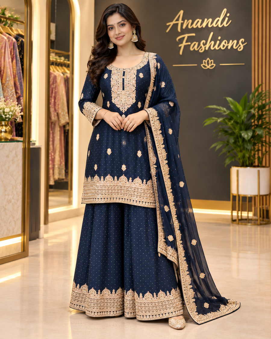 Women's Navy Blue Party Wear Palazzo Set - Women - Palazzo Set - Anandi Fashions