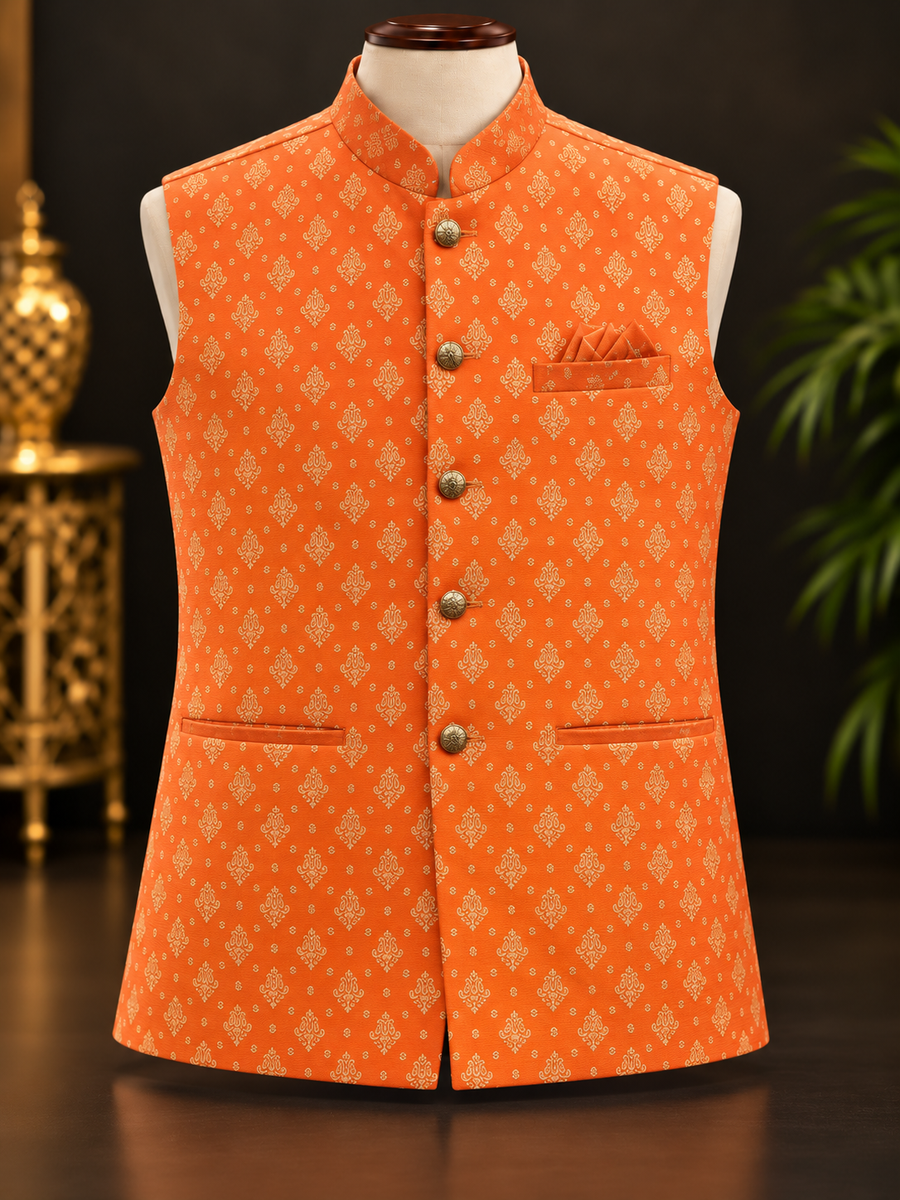 Men’s Orange Banarasi Silk Vest - Mens - Vest - Anandi Fashions