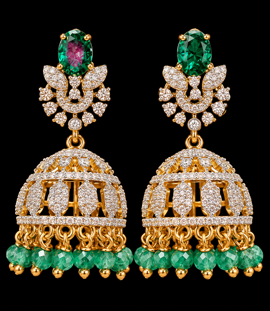 CZ Jhumkas/Earrings - Emerald