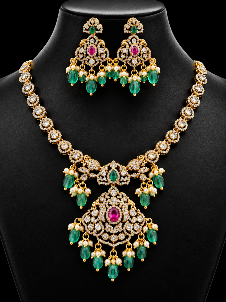Victorian Necklace Set with Peacock Pendant & Monalisa Beads