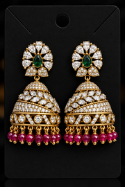 Party Wear CZ Victorian Finish Jhumkas- Maroon - Jewelry - Earrings - Anandi Fashions