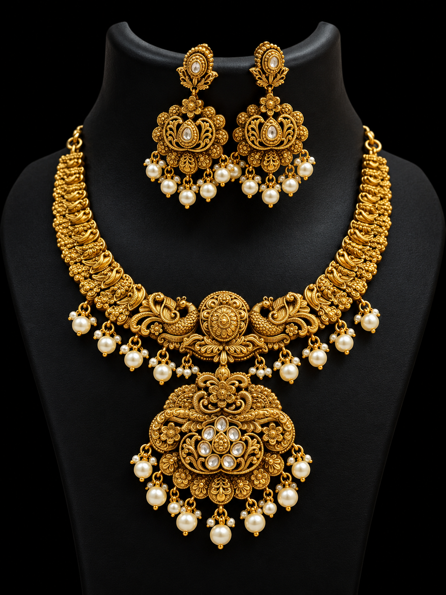 Antique Finish Kundan Necklace Set - Jewelry - Necklace Set - Anandi Fashions