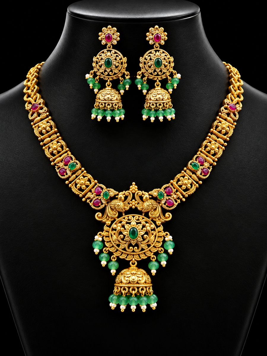 Matte Finish Necklace Set Multicolor Stones & Earrings