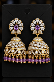 Party Wear CZ Victorian Finish Jhumkas- Purple beads - Jewelry - Earrings - Anandi Fashions