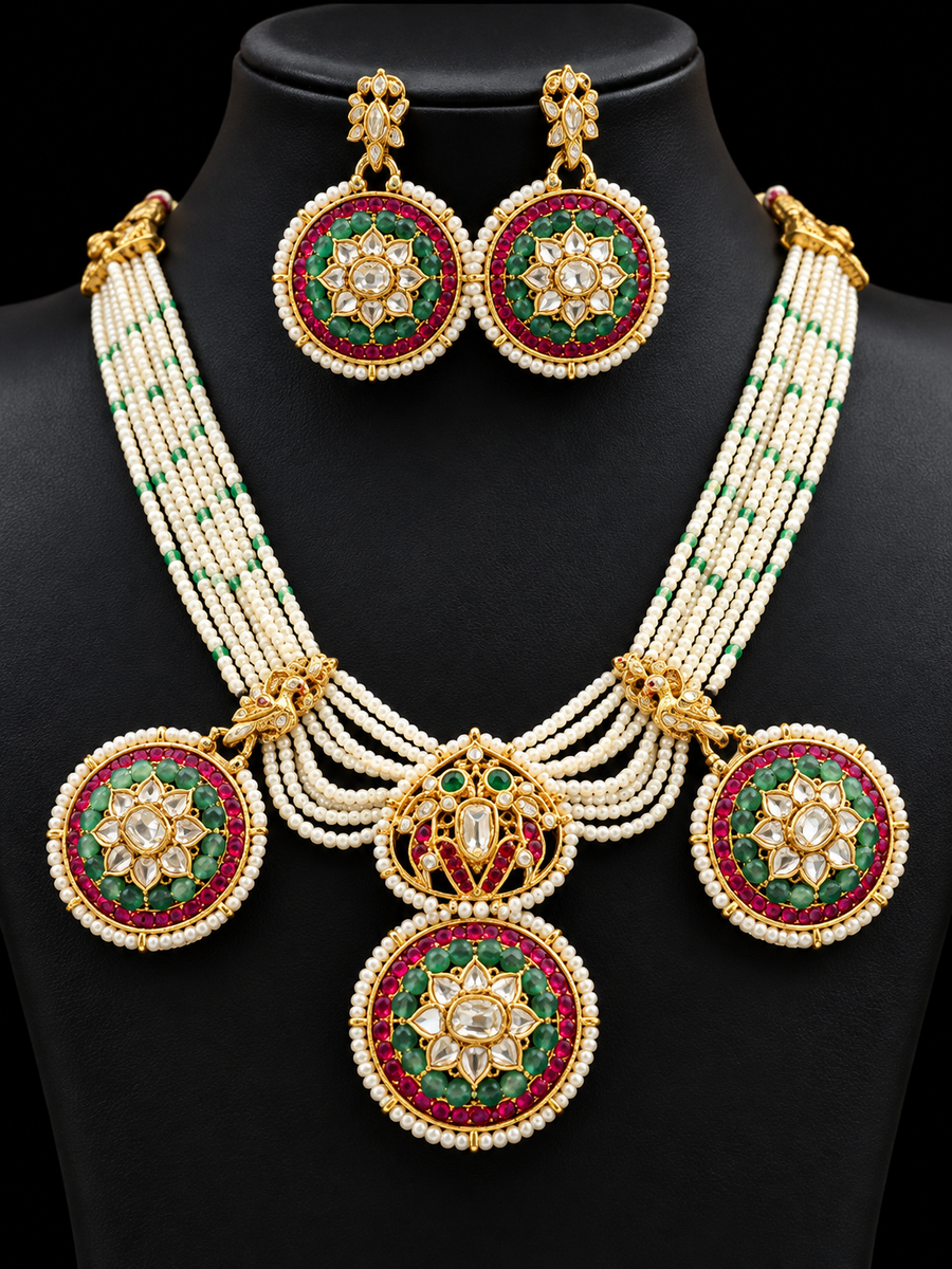 White Small Beads with Jadau Kundan Pendants Necklace Set