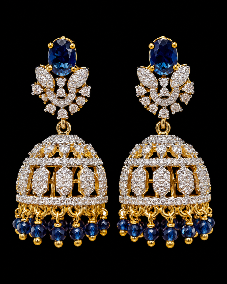 CZ Jhumkas/Earrings - Navy Blue Beads