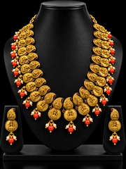 Temple Goddess Lakshmi Necklace Set with Coral Beads