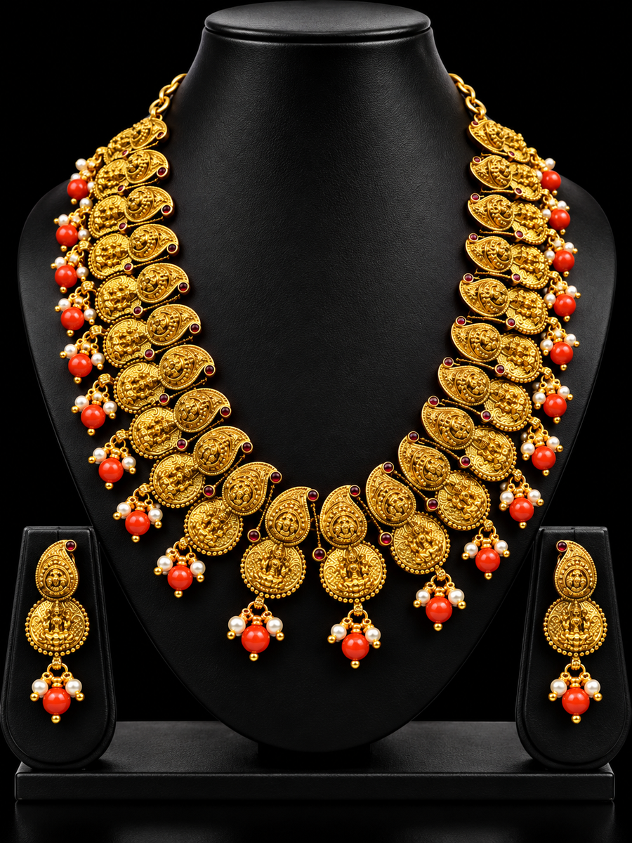 Temple Goddess Lakshmi Necklace Set with Coral Beads