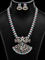 German Silver Long Haram Necklace Set with Pastel Stones