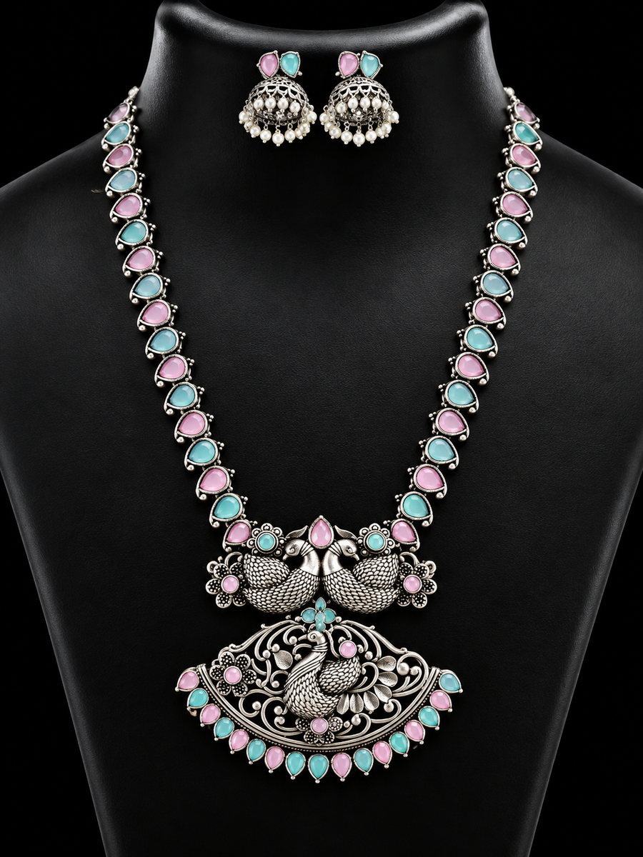 German Silver Long Haram Necklace Set with Pastel Stones