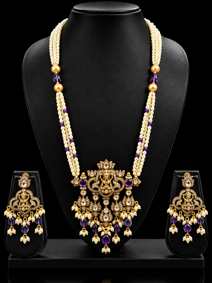 Pearl Long Necklace Set with Goddess Lakshmi Pendant Set