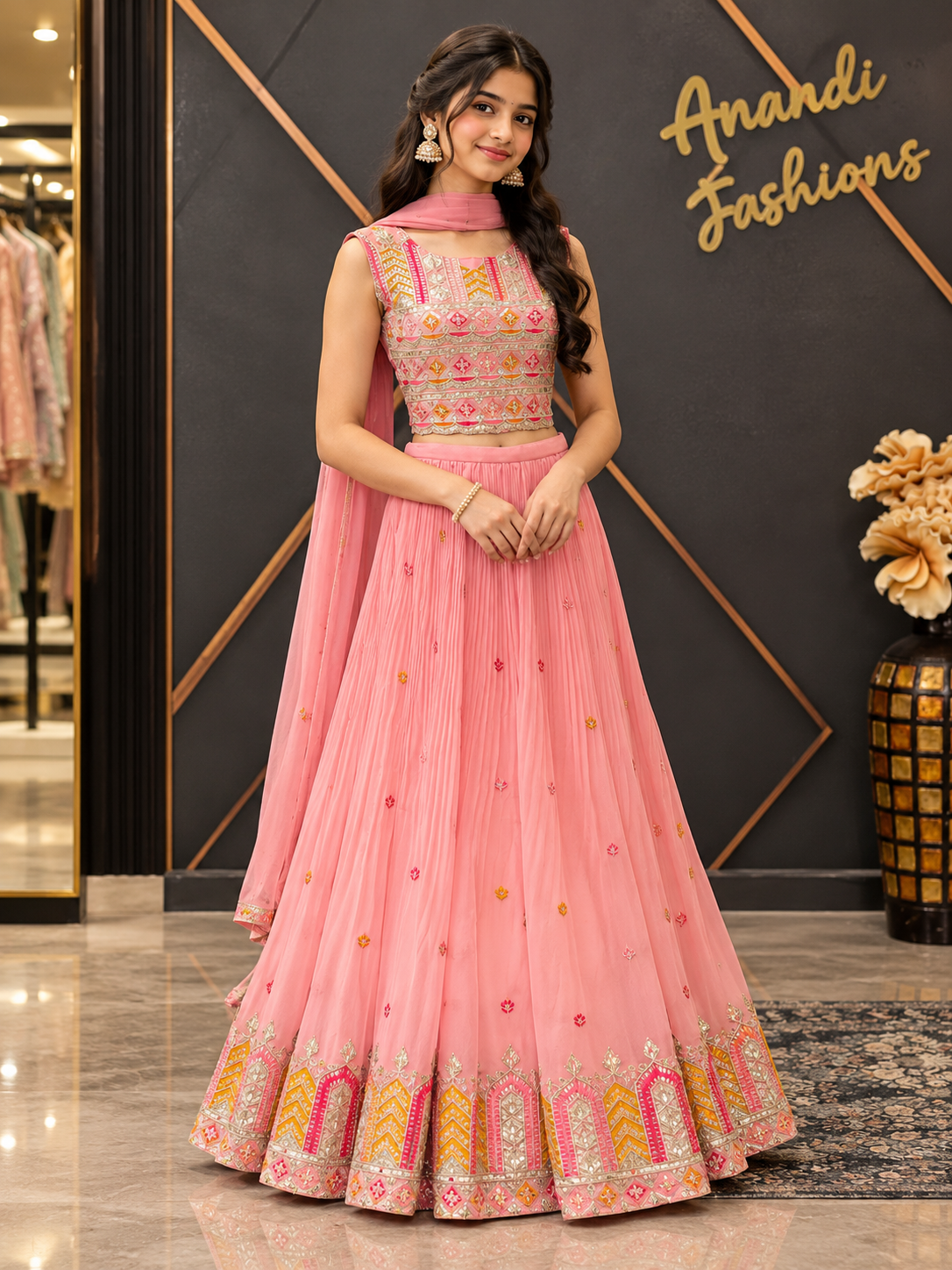 Teenage Girls Pink Georgette Lehenga Set - Girls - Teenage Ethnic Wear - Anandi Fashions