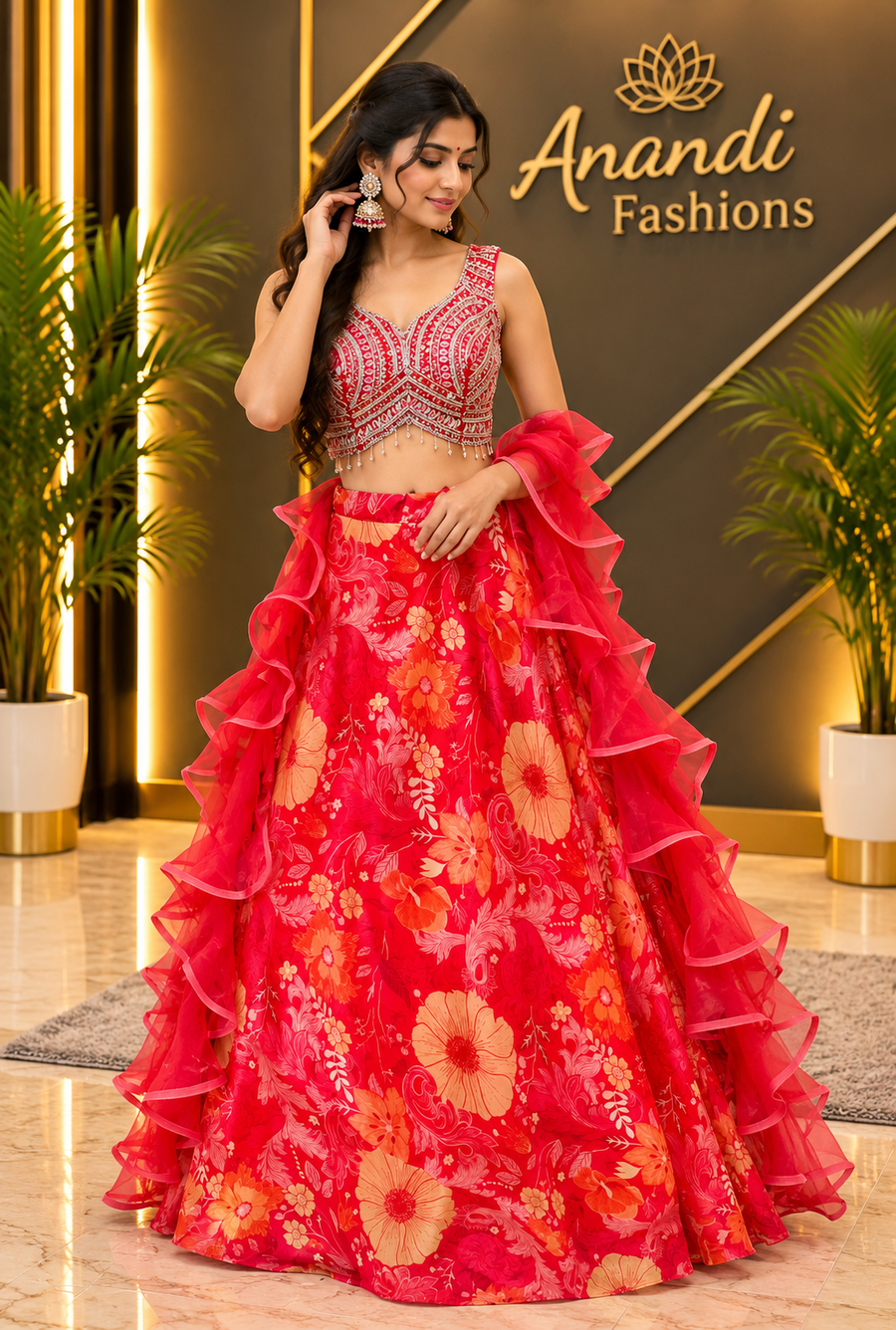 Women’s Alia Cut Organza Floral Lehenga Set