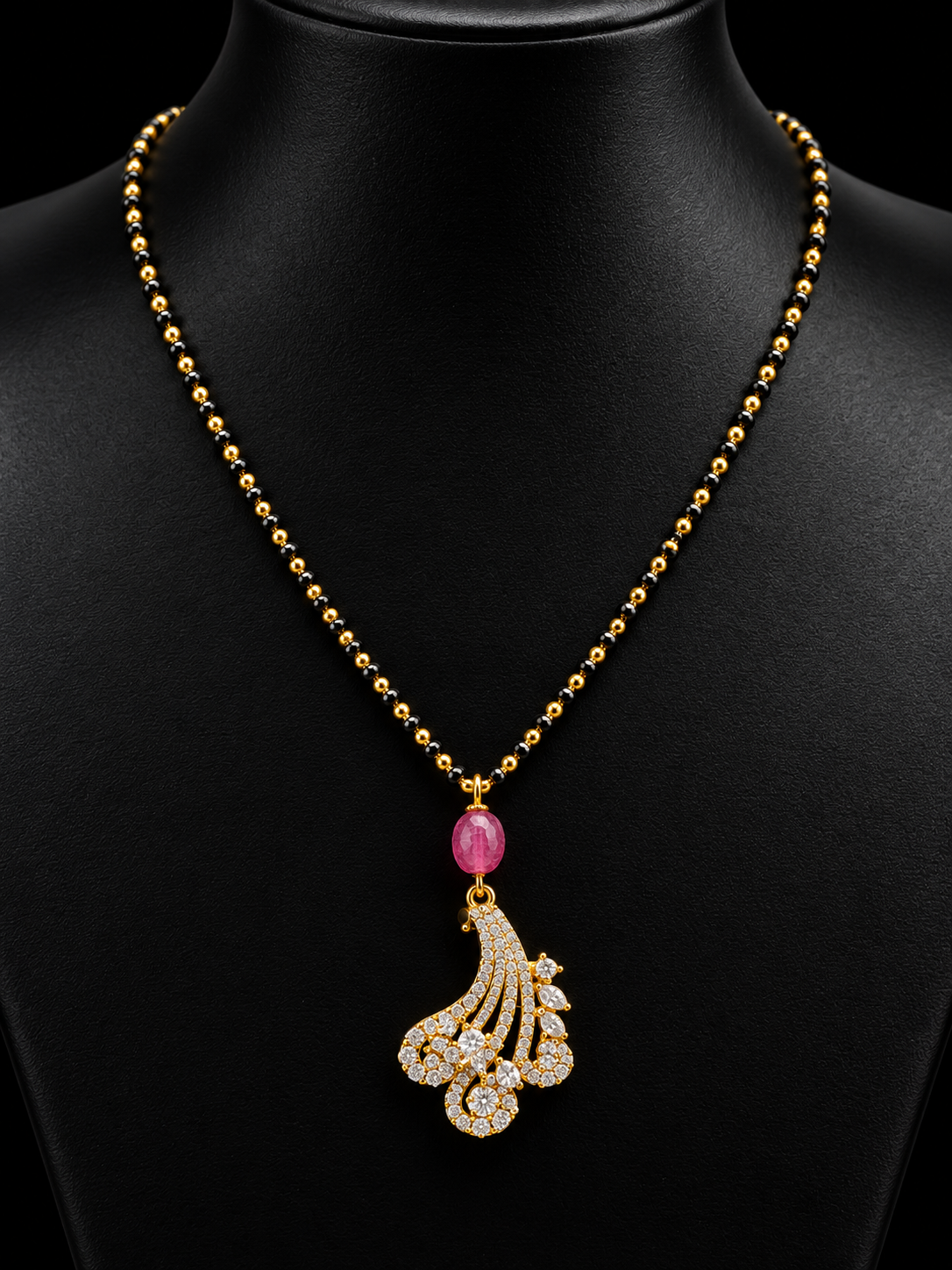 Single Line Black Beads Chain with CZ Pendant and Pink Bead Necklace Set - Jewelry - Necklace Set - Anandi Fashions