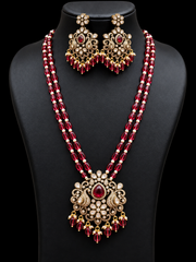 Maroon Monalisa Beads Victorian Pendant Long Haram Necklace Set