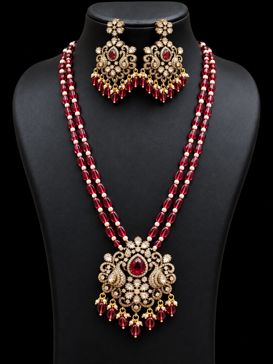 Maroon Monalisa Beads Victorian Pendant Long Haram Necklace Set