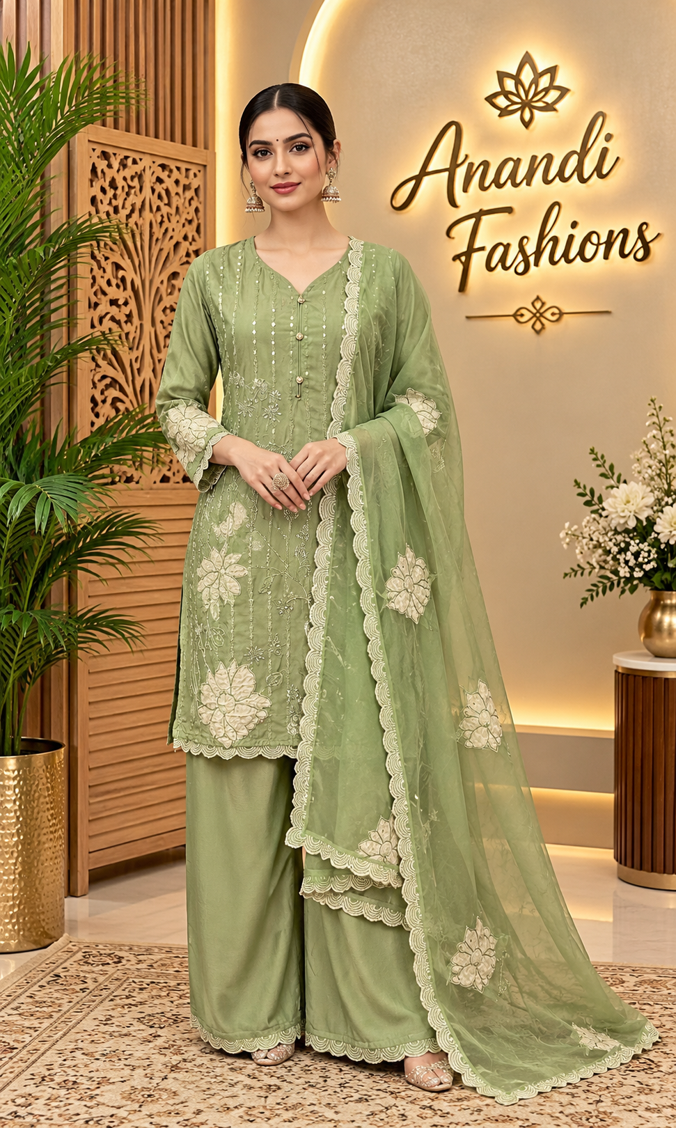 Women’s Pastel Green Sharara Suit Satin Silk with Patch Work Embroidered Sharara Set