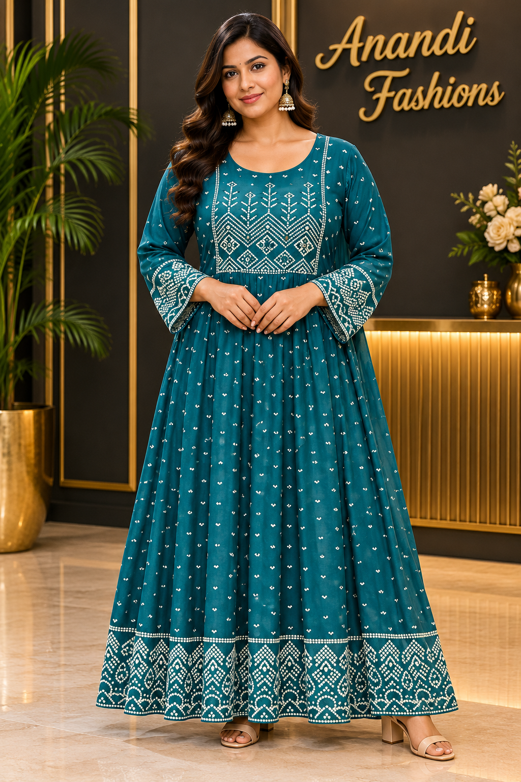 Women's Rama Green Plus Size Long Anarkali Kurti