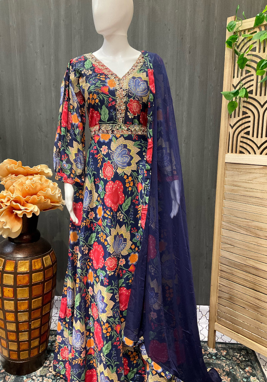 Royal Blue - Floral Print Satin Silk Long party wear dress image 0