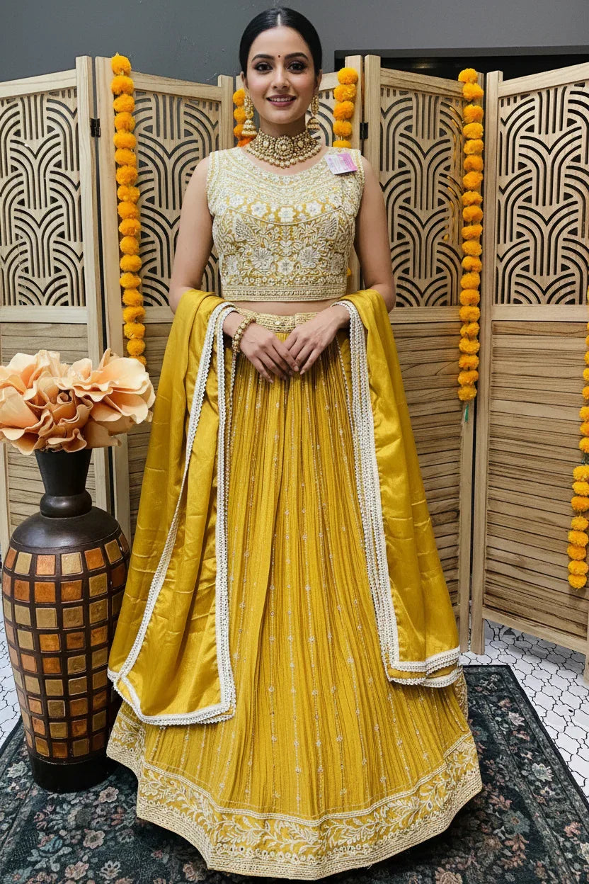 Woman in yellow embroidered Indian lehenga with matching dupatta and jewelry, standing indoors near a vase