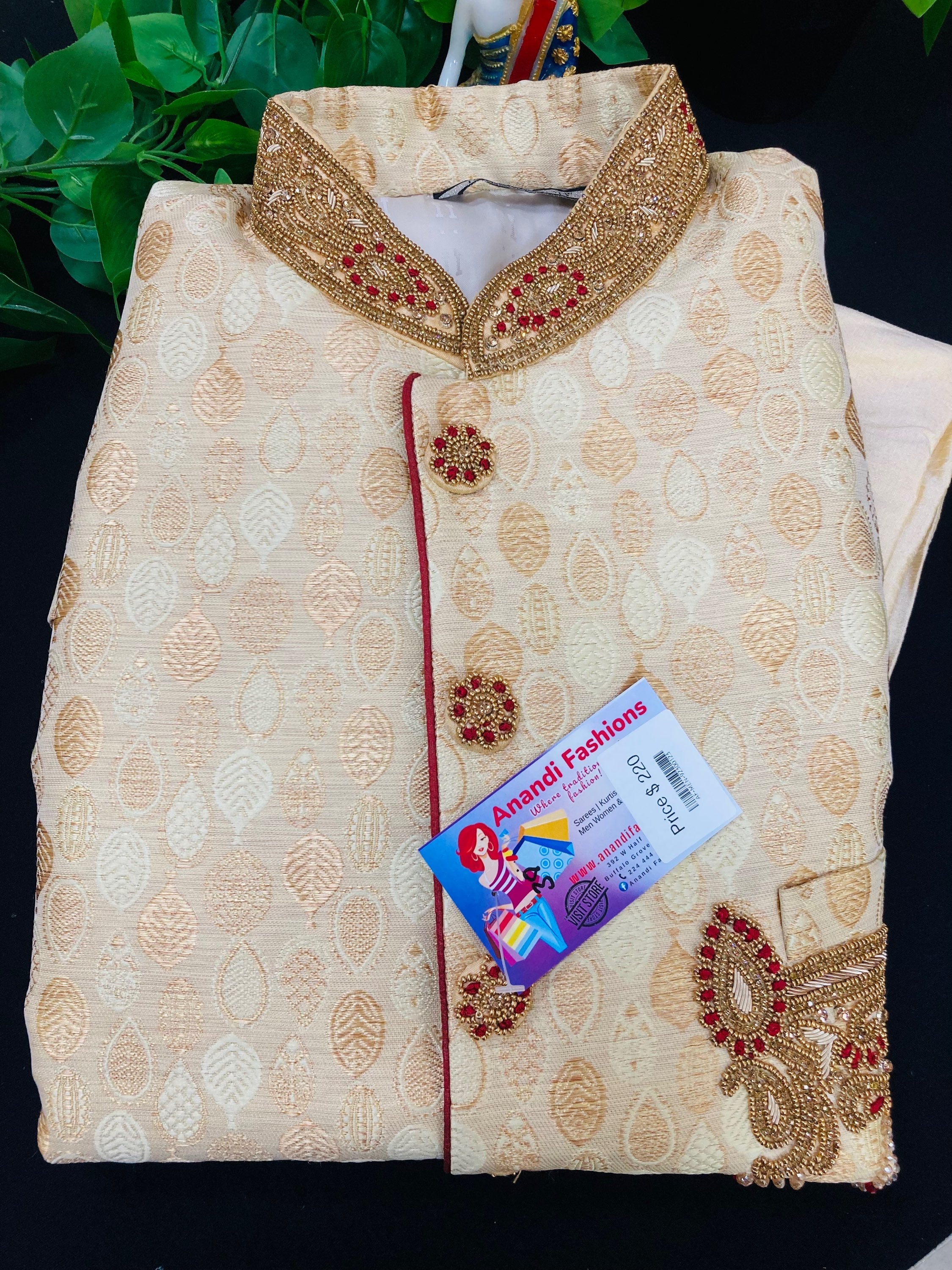 Mens sherwani - Gold Color Men's Sherwani with Jodhpuri pant- Size 38 image 3
