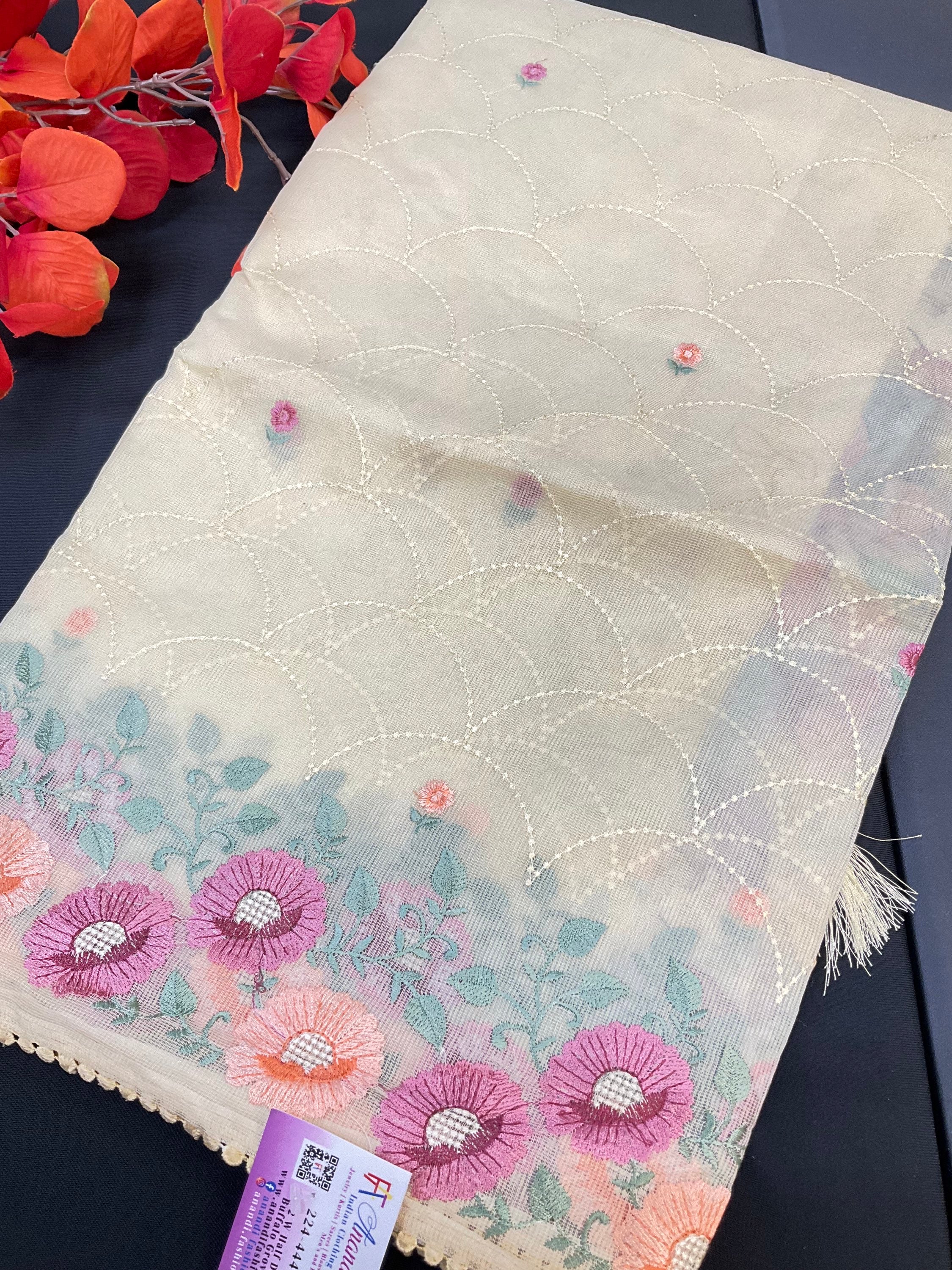 Light yellow super net saree with embroidery  image 1